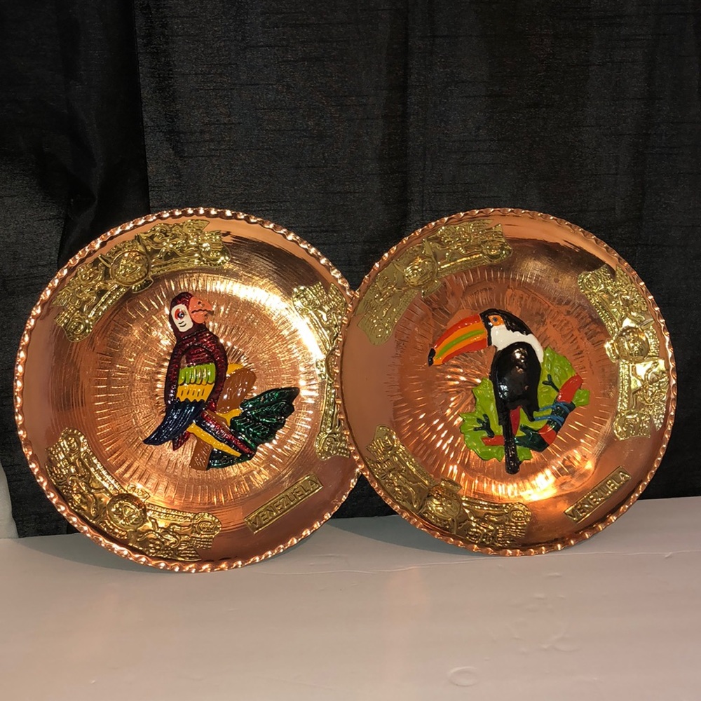 Set of two vintage Venezuelan handmade copper wall plates